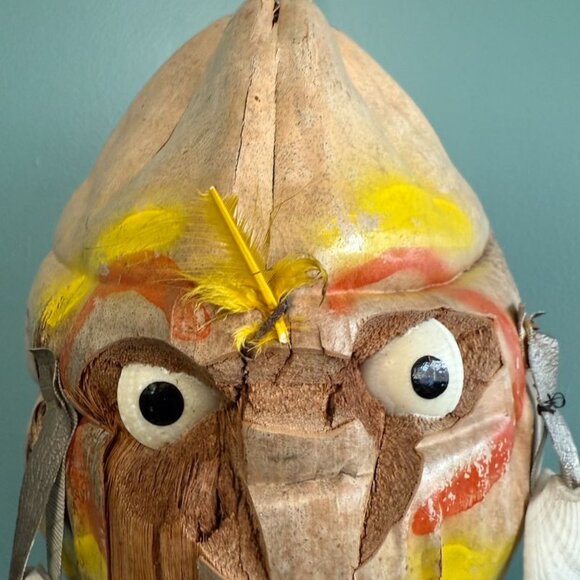 Vintage 60's Hawaiian Pirate Hanging Coconut Head w Shell Earrings Eyes Tiki - Picture 5 of 10